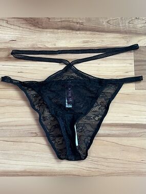 Adore Me Black Lace Strappy Thong Panty L NWT Sheer Floral Lace